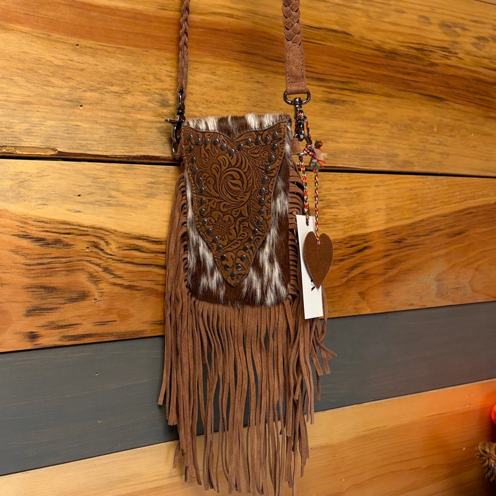 Myra Bag Dusk and Dust Fringe Leather Crossbody Hairon Brown and White. S-12935